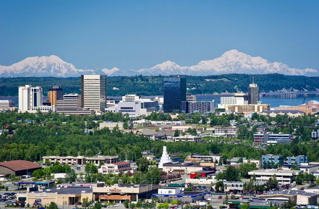 Downtown Anchorage with the Chugach Mountains behind it