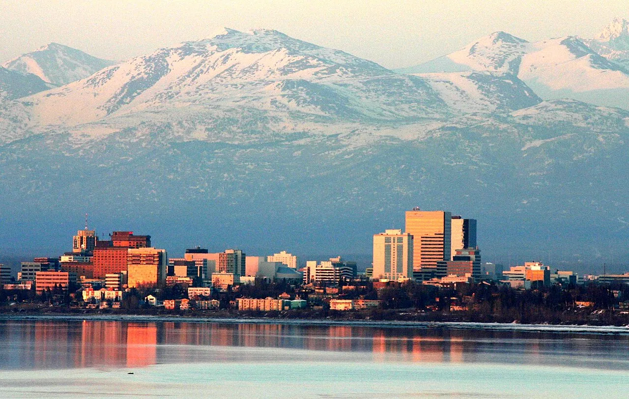 Anchorage skyline at sunset with the Chugach Mountains