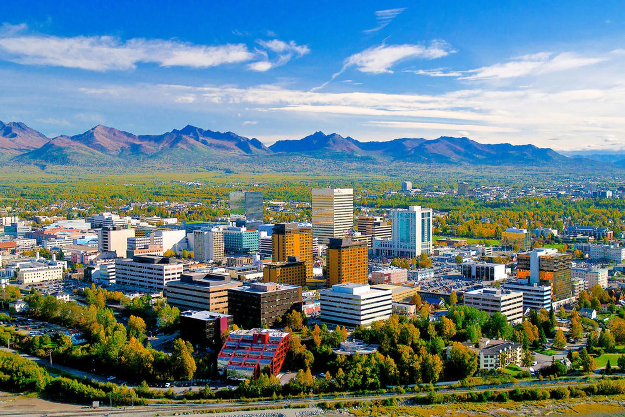 Anchorage commercial district under the Chugach Mountains